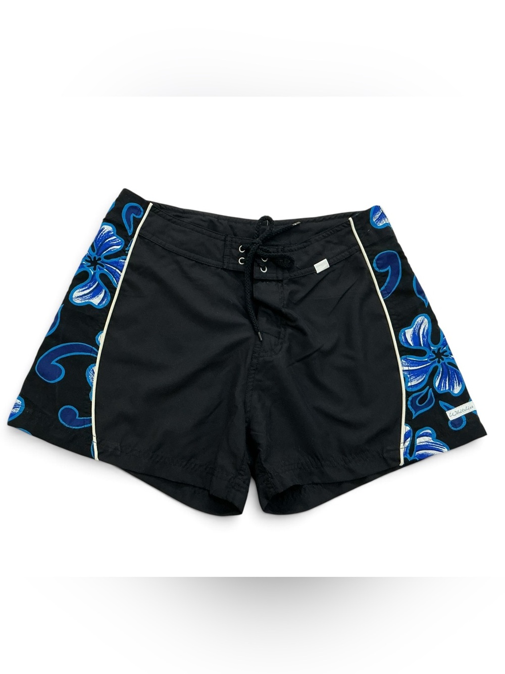 ✨ VTG White Lies Y2K Board Shorts Size 7 Black Blue Hibiscus Tropical Surf